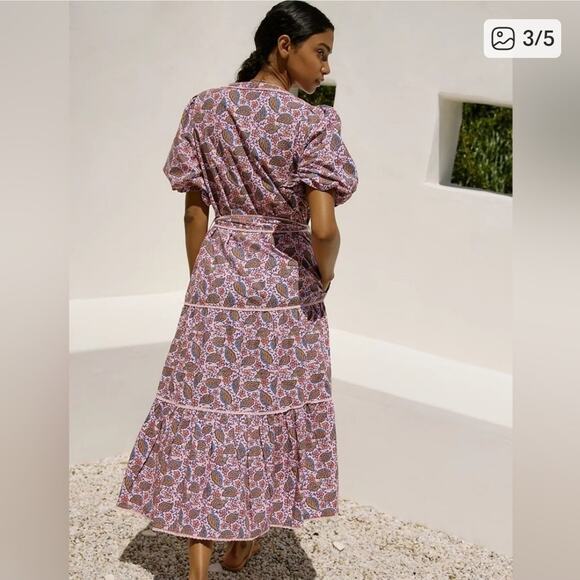 New Roller Rabbit Pink Floral Pasque Valonia Puff Sleeve Midi Dress XXS - Picture 3 of 9